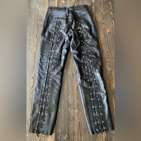 Ashy Black Cowhide Leather Lace Up Biker Pants. - Picture 2 of 6